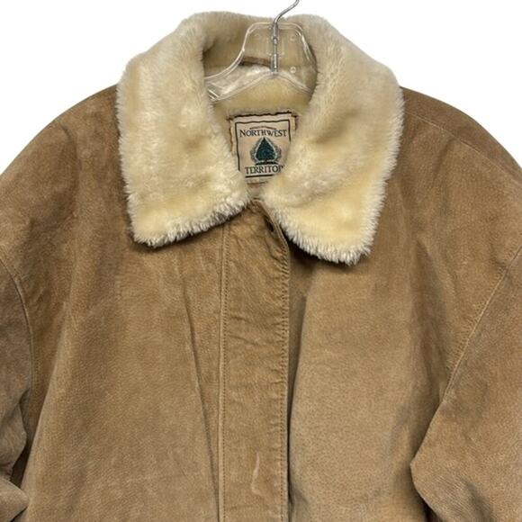 Vintage 1996 Northwest Territory Tan Leather Bomber Jacket Faux Fur Collar Large - Picture 2 of 13